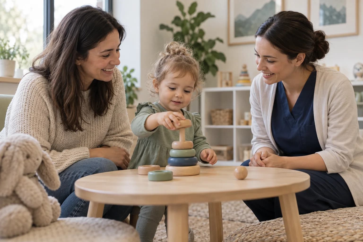 A toddler playing with wooden rings alongside a parent and clinician. AI-generated illustrative image.