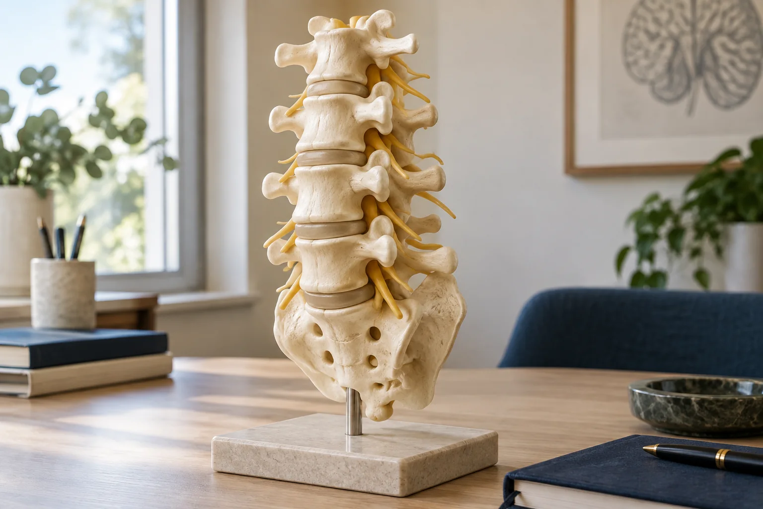 A lumbar spine model representing spinal joints and nerve branches. AI-generated illustrative image.