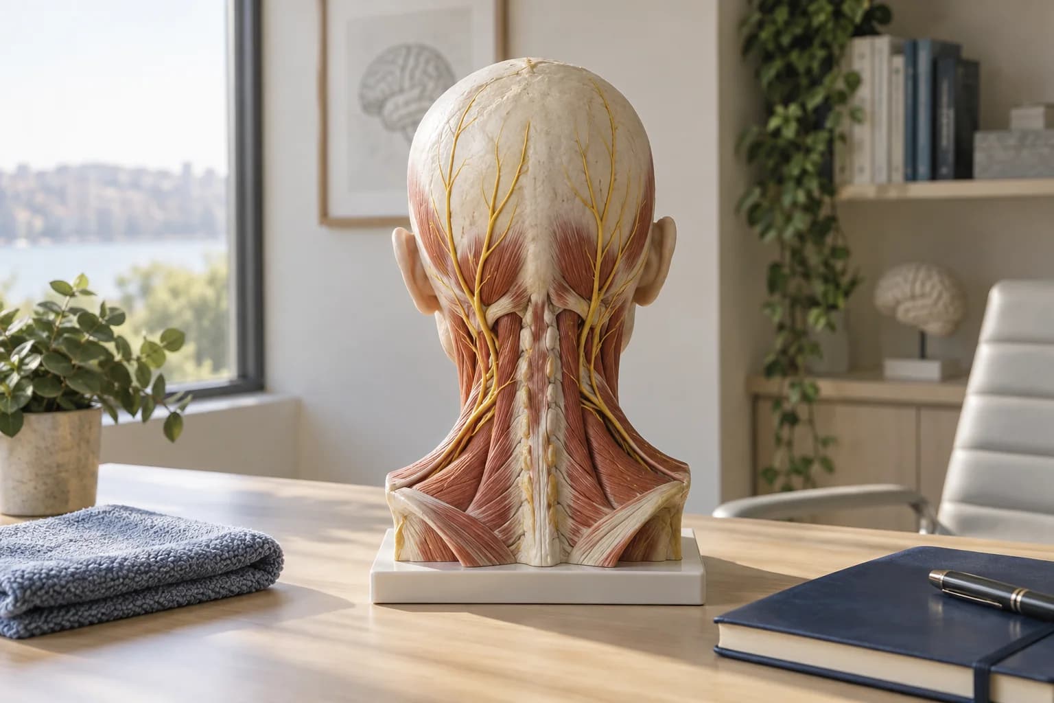 A head and neck teaching model representing nerves at the back of the head. AI-generated illustrative image.