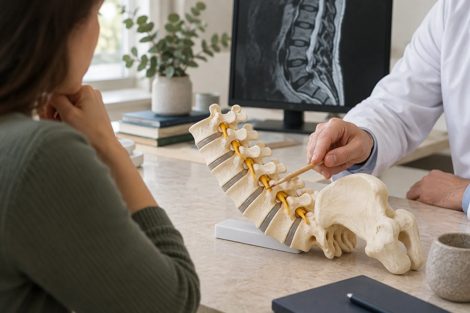 A nerve root being indicated on a lumbar spine model during a consultation. AI-generated illustrative image.