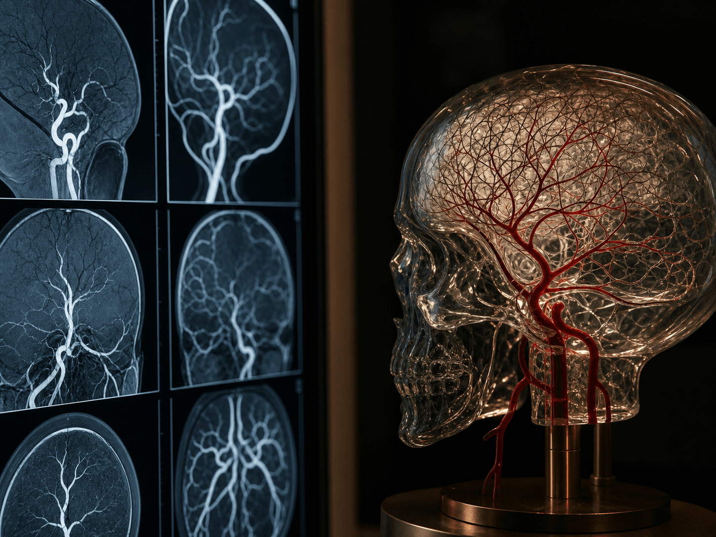 AI-generated cerebral vessel model and angiography images representing cerebrovascular diseases
