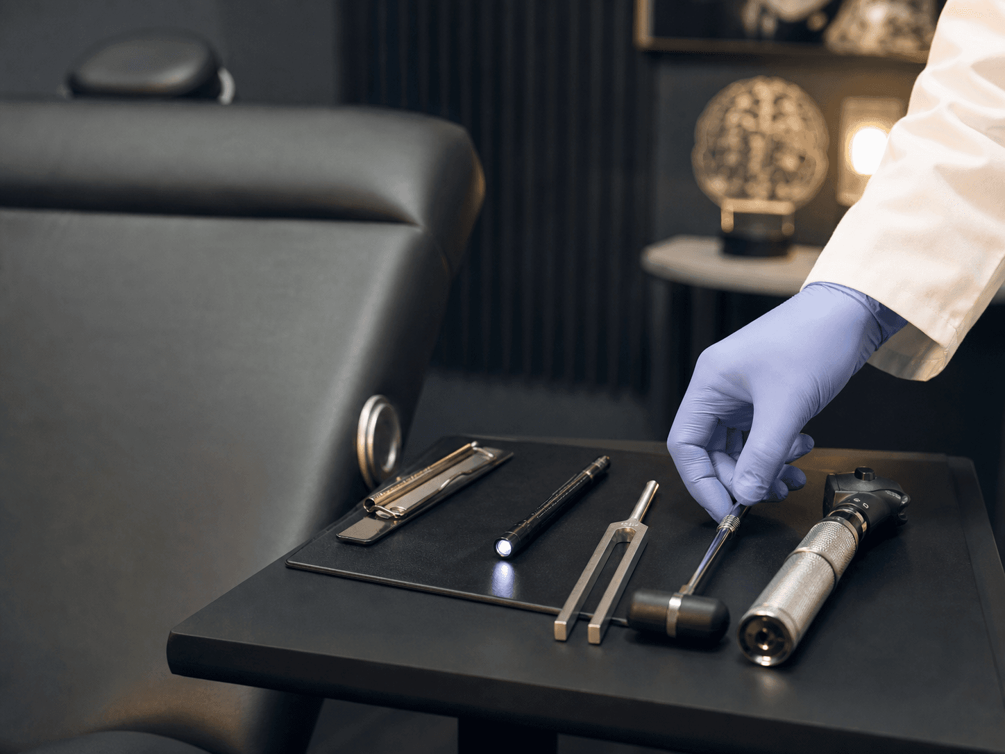 AI-generated neurological examination tools and examination room representing general neurology