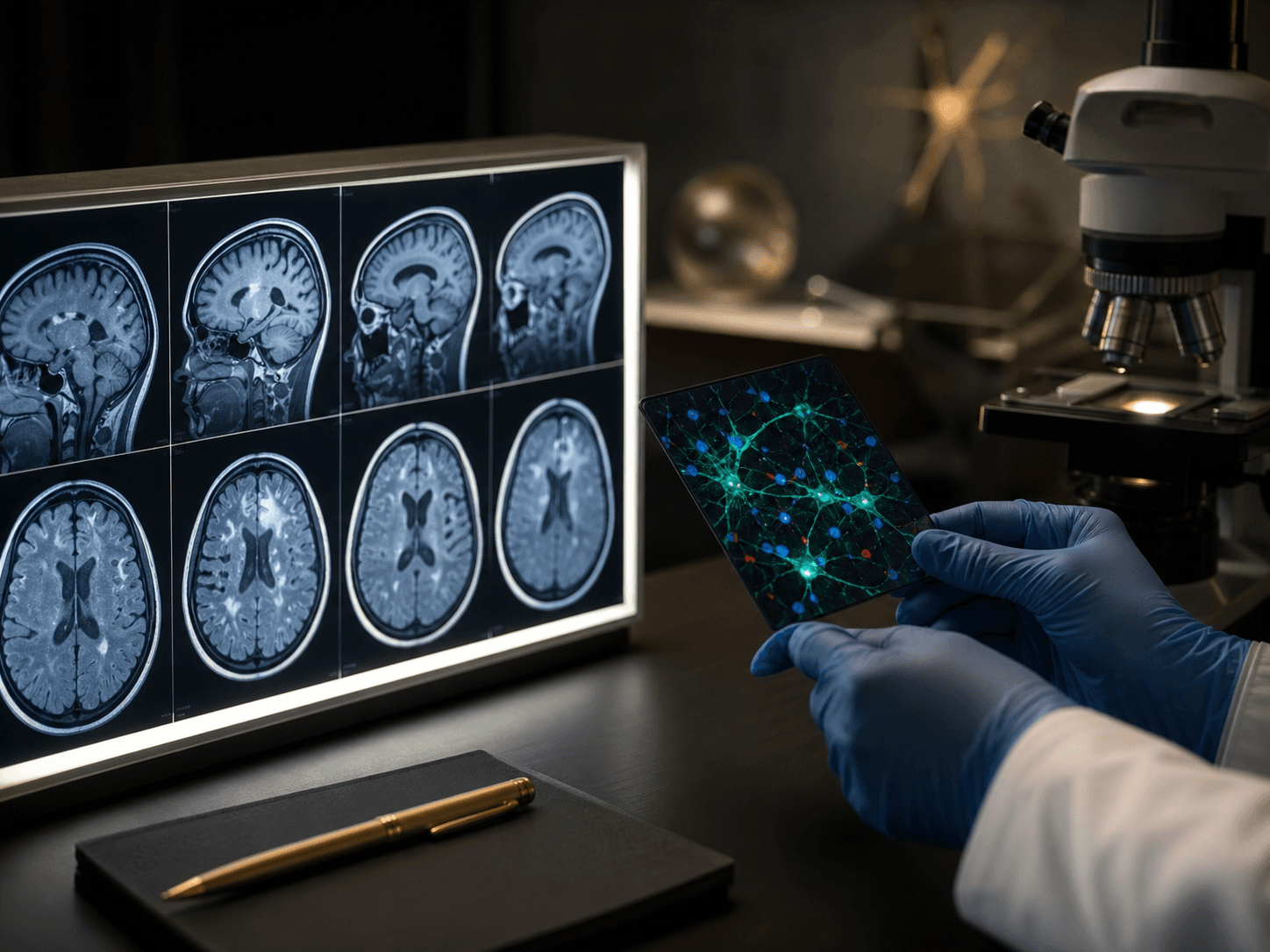 AI-generated anonymized MRI and laboratory review scene representing Multiple Sclerosis and neuroimmunology